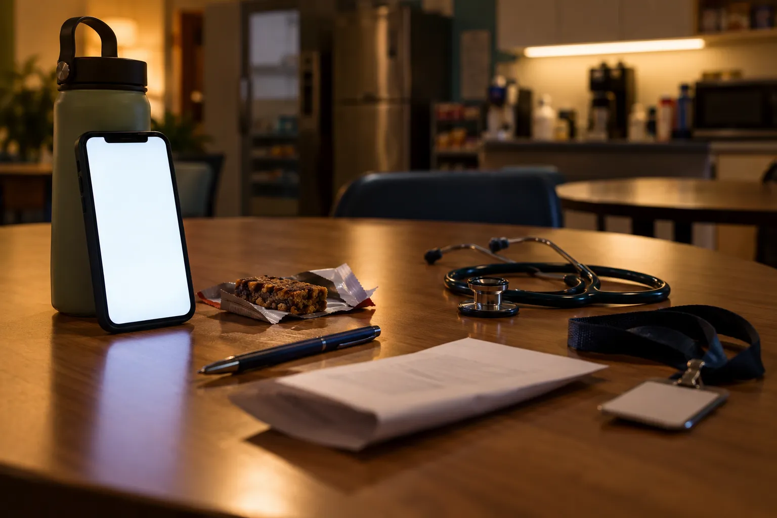 A break room table at night with a phone propped against a water bottle, a stethoscope, a pen and a folded sheet of paper.